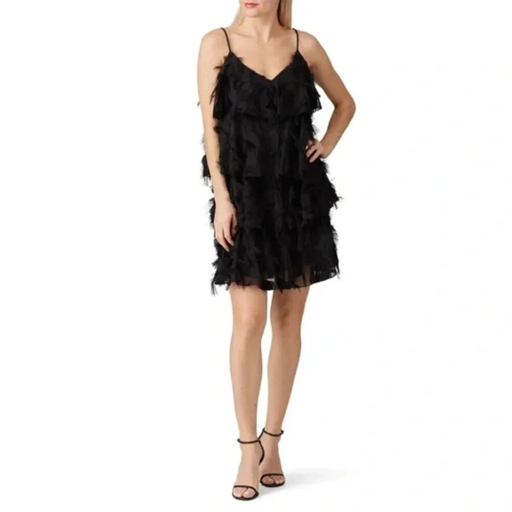 Waverly Grey Mel Mini Party 20s Dress V-Neck Fringed Tiers A-Line Black Lbd Sz M View 3